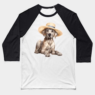 Watercolor Great Dane Dog in Straw Hat Baseball T-Shirt